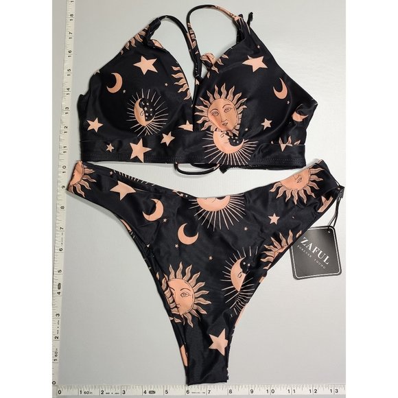 NWT ZAFUL Small Tankini High cut Black Sun Moon print bikini set - Picture 1 of 6